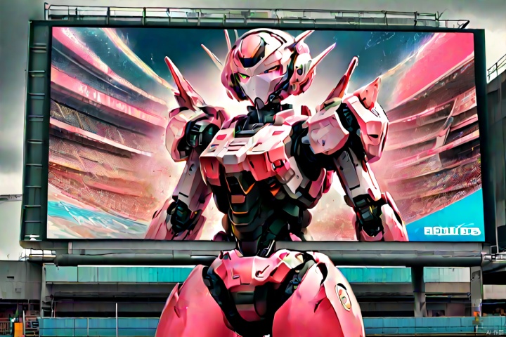 a mecha girl painted on screen of Baseball Stadium, Pink parted short hair, pink eyes, full-body pose, ad billboard, tv screen, panoramic, Ultra high saturation, bright and vivid colors, intricate, (best quality, masterpiece, Representative work, official art, Professional, 8k)