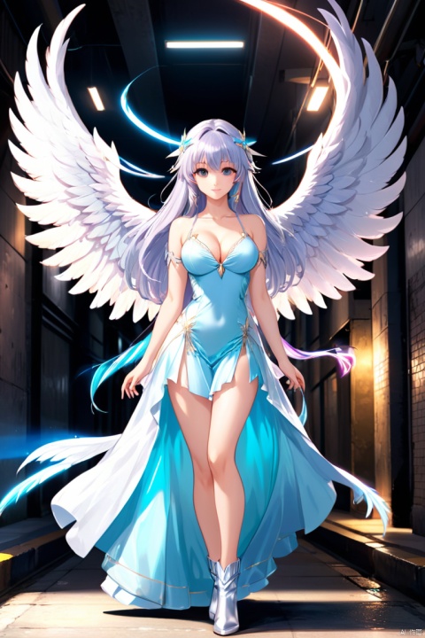 anime artwork Frieren, silvery hair, long hair, bangs, angel wings, full body, BREAK, underground, long underpass, crowd background, enhance, intricate, (best quality, masterpiece, Representative work, official art, Professional, 8k)