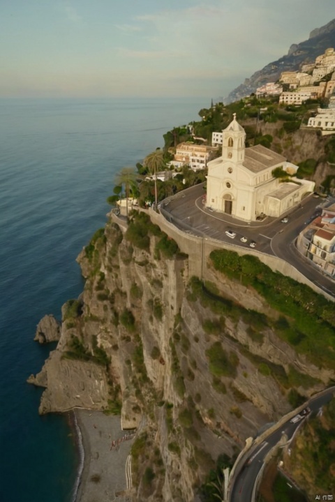 A drone camera circles around a beautiful historic church built on a rocky outcropping along the Amalfi Coast, the view showcases historic and magnificent architectural details and tiered pathways and patios, waves are seen crashing against the rocks below as the view overlooks the horizon of the coastal waters and hilly landscapes of the Amalfi Coast Italy, several distant people are seen walking and enjoying vistas on patios of the dramatic ocean views, the warm glow of the afternoon sun creates a magical and romantic feeling to the scene, the view is stunning captured with beautiful photography, (best quality, masterpiece, Representative work, official art, Professional, Ultra intricate detailed, 8k:1.3)