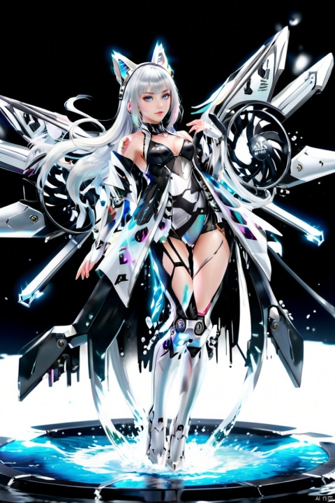  fate \(series\), mecha girl, silver long hair, full-body pose, mechanical wings, cat_ears, water, (panoramic, Ultra high saturation, bright and vivid colors), (best quality, masterpiece, Representative work, official art, Professional, 8k), tqj-hd, TIANQIJI