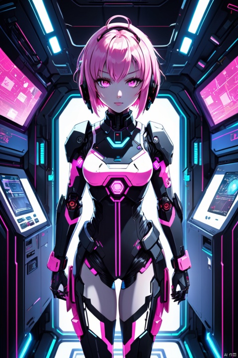 anime artwork lucy \(cyberpunk\), anime artwork of a girl \(cyberpunk, mecha\), Pink parted short hair, pink eyes, full body, BREAK, Inside the spacecraft, fully functional room, (panoramic, Ultra high saturation, bright and vivid colors), (best quality, masterpiece, Representative work, official art, Professional, 8k)