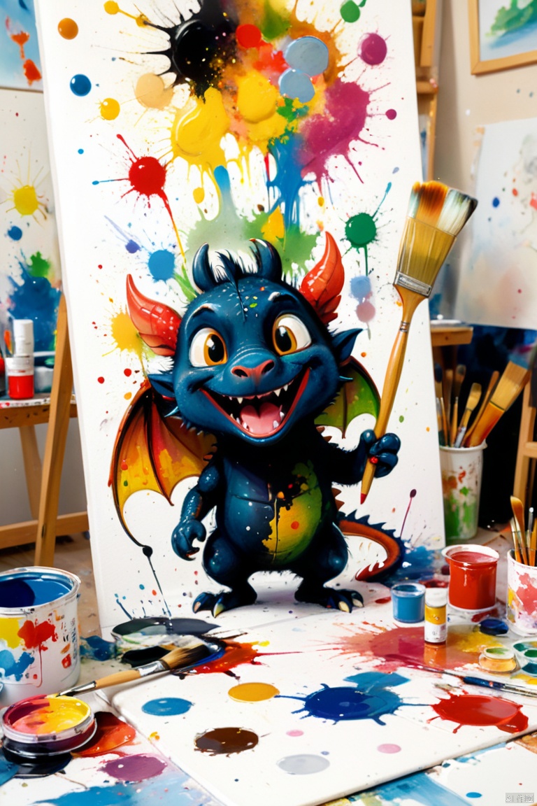 a cute dragon painter, by Richard Scarry, Beret, painting spattering on a canvas, ink splatter, painting brush, artist studio indoors, various works on the wall and the floor, panoramic, Ultra high saturation, (best quality, masterpiece, Representative work, official art, Professional, 8k)