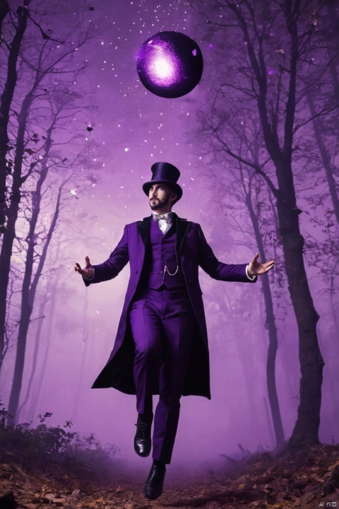 (magician floating high in the air), wearing purple classy black suit, ruined forest, floating debris, floating person in the air, magic, floating dust, floating magic energy spheres, magic splash, magic sparks, magic lines, magic runes, night time, glowing purple eyes, (masterpiece, best quality, perfect composition, very aesthetic, absurdres, ultra-detailed, intricate details, Professional, official art, Representative work:1.3)