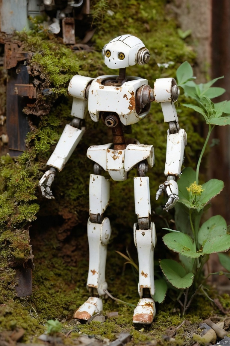 Mechanical doll in the corner,Broken mecha doll,Old,stale,long time ago,Rusty,moss,weeds,A small white flower, (best quality, masterpiece, Representative work, official art, Professional, Ultra intricate detailed, 8k:1.3)