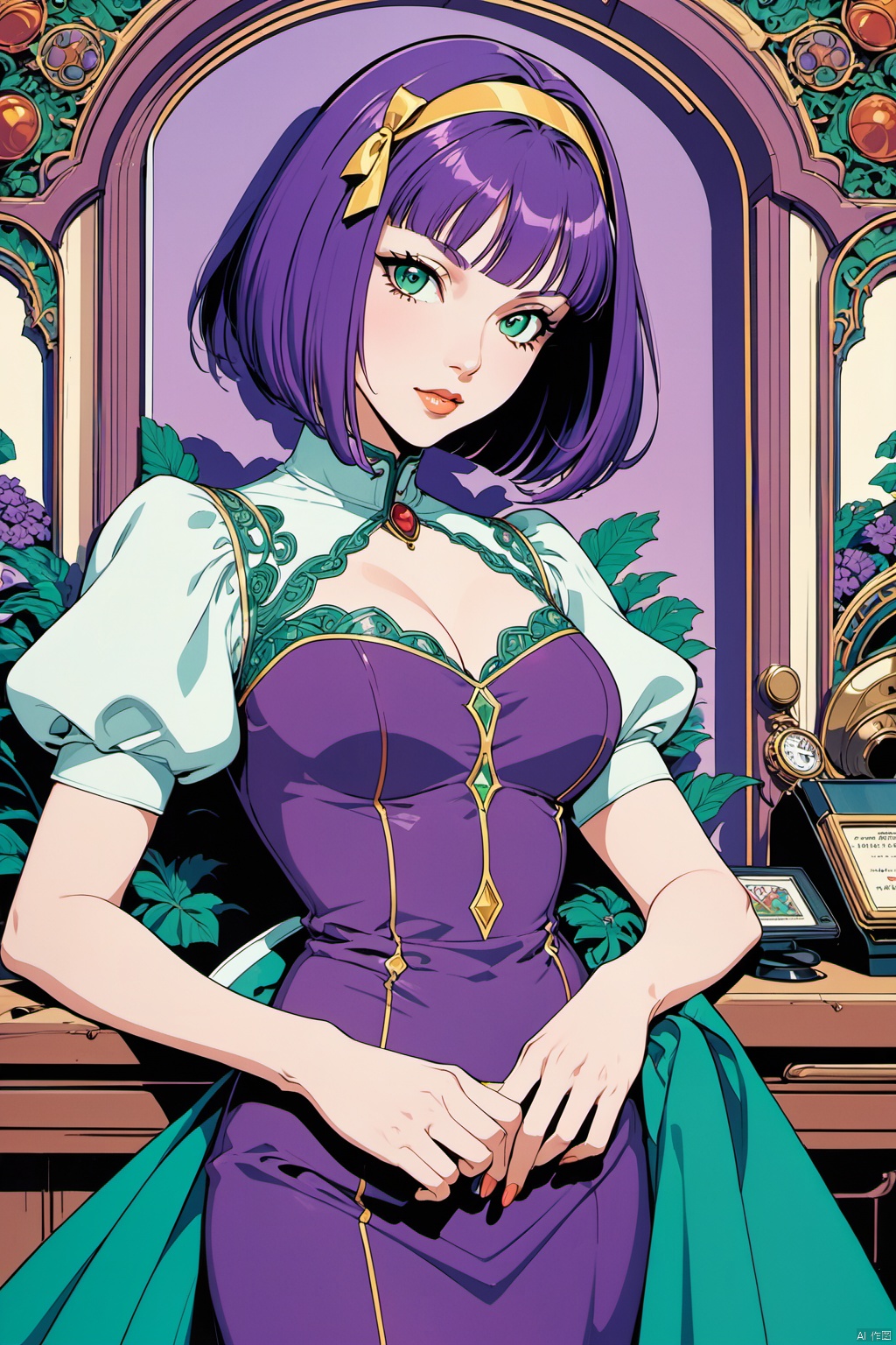 girl, Faye Valentine, bob cut, solo, green eyes, purple hair, hairband, nice dress, retro artstyle, 1990s style, (masterpiece, best quality, perfect composition, very aesthetic, absurdres, ultra-detailed, intricate details, Professional, official art, Representative work:1.3)