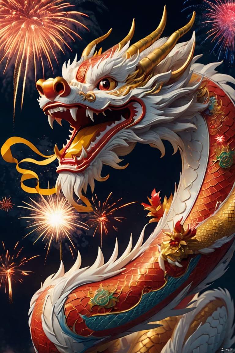 Holiday poster, chinese dragon, 2024 new year poster, New Year Eve 2024, fireworks, (best quality, masterpiece, Representative work, official art, Professional, 8k:1.3)