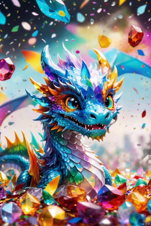 Colorful Confetti, cute crystal dragons, shining eyes, glass texture, bright colors, panoramic view, Ultra high saturation, (best quality, masterpiece, Representative work, official art, Professional, 8k)