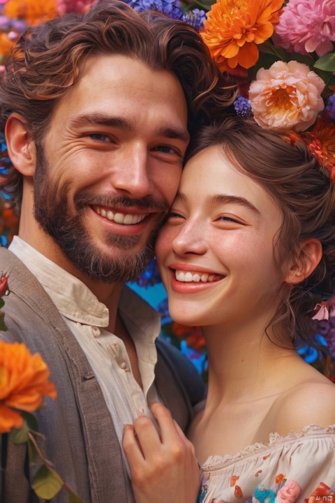 Couple Photo, aesthetic, Joyful adorable smiling people laughing and hugging spreading joy: vibrant colors: surrounded by flowers: intricate details, head and shoulders portrait, 8k resolution concept art portrait by Greg Rutkowski, Artgerm, WLOP, Alphonse Mucha dynamic lighting hyperdetailed intricately detailed Splash art trending on Artstation triadic colors Unreal Engine 5 volumetric lighting, (masterpiece, best quality, perfect composition, very aesthetic, absurdres, ultra-detailed, intricate details, Professional, official art, Representative work:1.3)