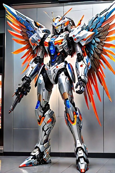 a mecha girl painted on lobby wall, (silver long hair), full-body, mechanical wings, panoramic, bright and vivid colors, intricate, (best quality, masterpiece, Representative work, official art, Professional, 8k)