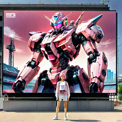  a (mecha girl) painted on screen of Baseball Stadium, female, Pink parted short hair, pink eyes, full-body pose, ad billboard, tv screen, panoramic, Ultra high saturation, bright and vivid colors, intricate, (best quality, masterpiece, Representative work, official art, Professional, 8k)