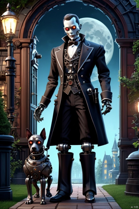 Full moon night,Robot butler at the entrance to the vampire castle garden,Detailed mechanical parts, Butler outfit, Cybernetic eyes,Victorian style, steampunc, Mechanical joint,detailed detail, ambientlighting,Walking the dog, enhance, intricate, (best quality, masterpiece, Representative work, official art, Professional, unity 8k wallpaper:1.3)