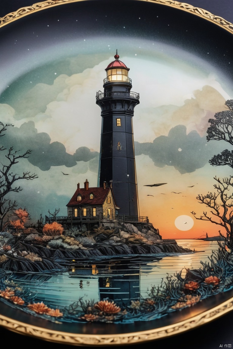 close up of an elegant plate with an image of an eerie marine scene with an otherworldly lighthouse, vintage look, the plate iade of finest crystals and positioned on an empty black table with gothic patters, colorful, (best quality, masterpiece, Representative work, official art, Professional, 8k, Ultra intricate detailed:1.3)