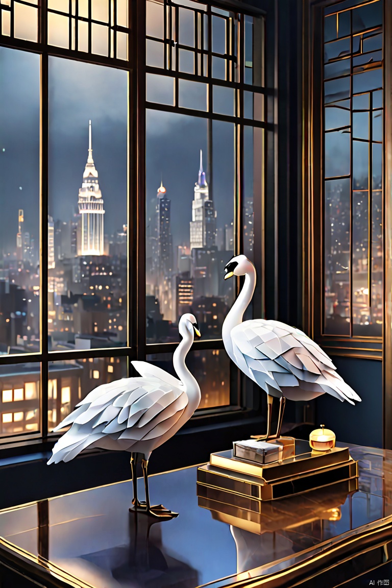 (an art deco), There is a blue and white origami swan on the table by the window,Night view of the city outside the window,FOG,neon lights, aesthetic,bokeh background,Very detailed,masterpiece,rule of thirds,Award-winning,Studio photos,Chiaroscuro lighting,Luxurious scenes inspired by the Art Deco movement, Characterized by its bold geometric shapes, Luxurious décor, and luxurious materials. The environment exudes charm and sophistication, Have smooth lines, complex patterns, and gleaming metal accents that adorn buildings and decorations. Symmetrical composition, rich palette, Stylized patterns evoke the timeless glamor of the Art Deco era, Capturing the essence of modernity and elegance. This visually striking scene immerses viewers in the luxurious and cosmopolitan atmosphere of the Art Deco movement, Demonstrating the lasting impact of this iconic art and design style, panoramic, Ultra high saturation, bright and vivid colors, intricate, (best quality, masterpiece, Representative work, official art, Professional, 8k)