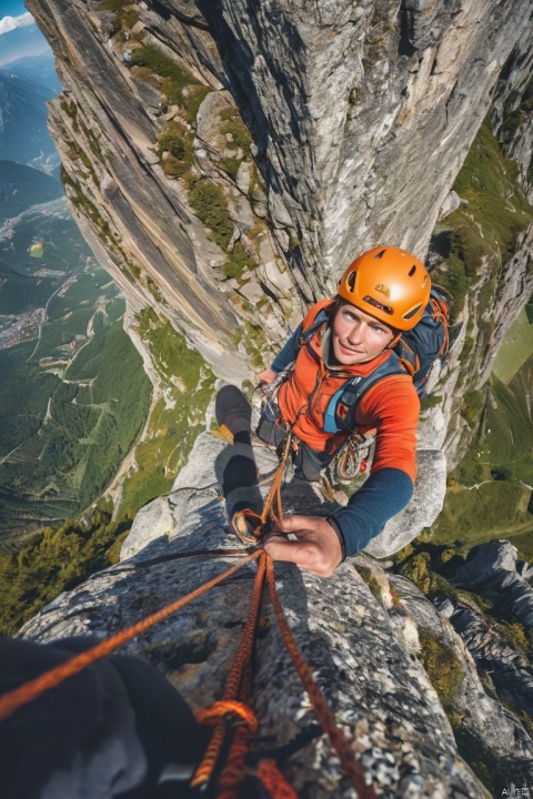 Ultra gran angular, camera view from above, selfie, a young climber, in climbing clothing, from the top of the mountain, view of beautiful and epic landscape, imposing, 360-degree view, (masterpiece, best quality, perfect composition, very aesthetic, absurdres, ultra-detailed, intricate details, Professional, official art, Representative work:1.3)
