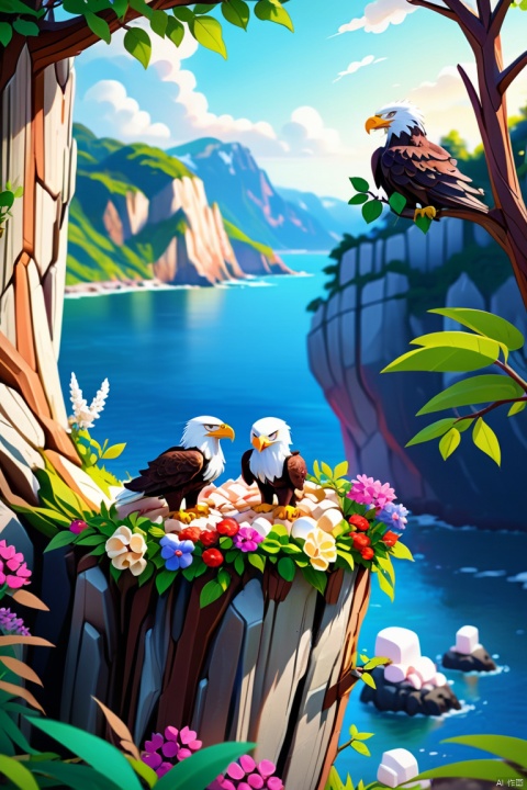 Pixar animation style, Cliffs by the sea,Cute bald eagle,(Sophisticated and beautiful nest:1.2),branches,green leaves,Colorful flowers and diverse plants, Made of marshmallow material, c4d, panoramic, Ultra high saturation, bright and vivid colors, intricate, (best quality, masterpiece, Representative work, official art, Professional, 8k)
