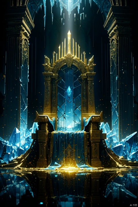 Giant throne of God, glowing backlight coming from behind the throne, glowing gold color crystals on blue ice with gold caustics reflecting a broken glass, strange and atmospheric layers atmosphere with transmittance, cinematic lighting, ambient lighting, (best quality, masterpiece, Representative work, official art, Professional, Ultra intricate detailed, 8k:1.3)