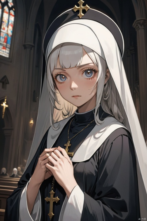 beautiful Nun, church, manga style,beautiful detailed face,expressive eyes,sharp contrast,flowing robe,mysterious atmosphere,dark background, (masterpiece, best quality, perfect composition, very aesthetic, absurdres, ultra-detailed, intricate details, Professional, official art, Representative work:1.3)