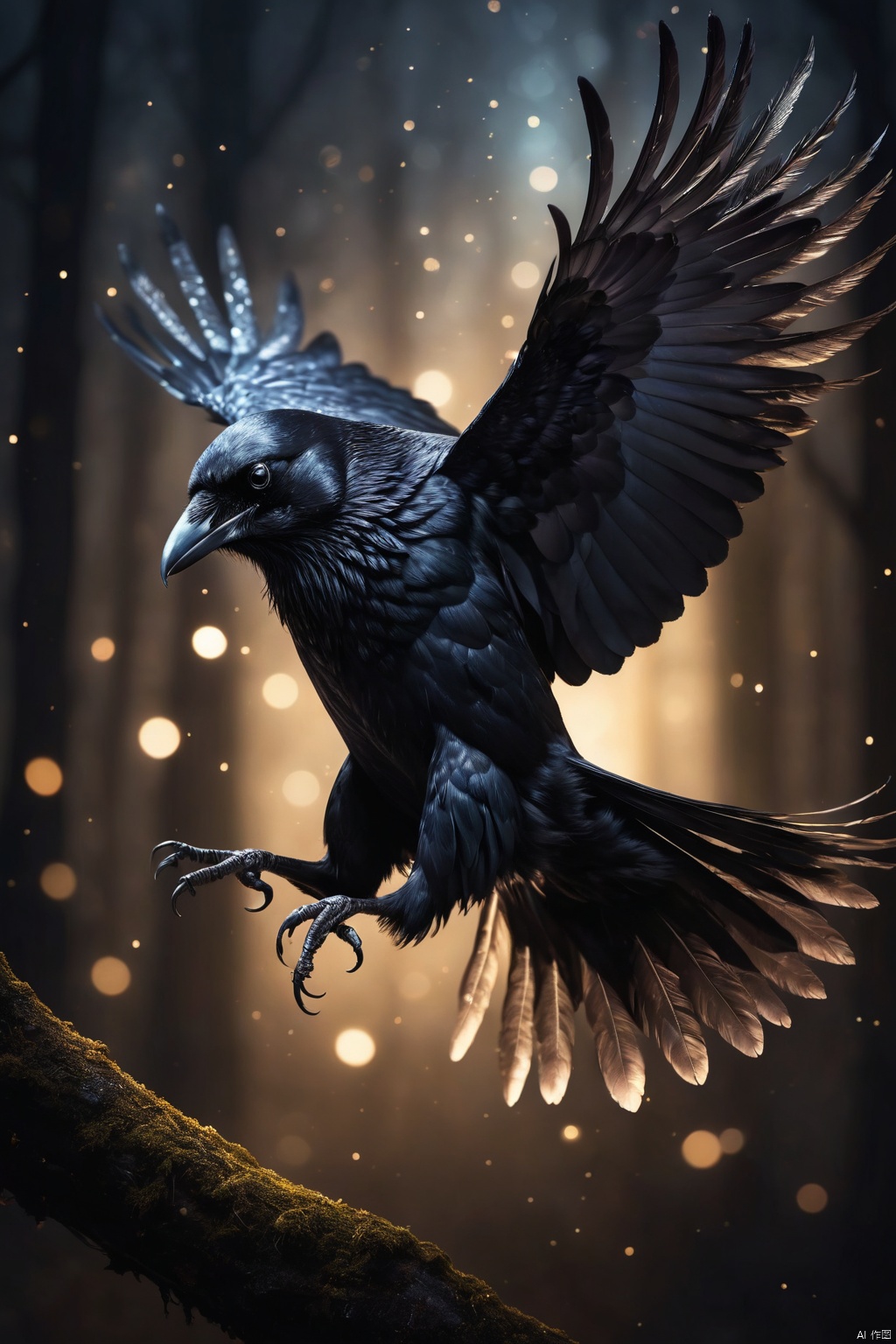 flying crow, dark fantasy concept art style, beautiful lighting, shining feathers, dark luminous eyes, bokeh, shining black, glitter, sparkle, gleam, in a dark fantasy space, (masterpiece, best quality, perfect composition, very aesthetic, absurdres, ultra-detailed, intricate details, Professional, official art, Representative work:1.3)