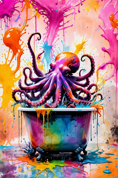ink painting,gentlemen. Octopus in glass bathtub,Angry octopus sprays colorful ink,Tentacle holds brush,（Ink splash effect,splatted paint.Colorful paint splash,paint splatter background）,Energetic movement,Dynamic and powerful abstract art,colorful,propylene,Vivid rainbow hues,Joyful and lively atmosphere,Bright orange,pink,Whimsical and dreamy,spontaneous splash,bold color contrast, panoramic, Ultra high saturation, (best quality, masterpiece, Representative work, official art, Professional, 8k)