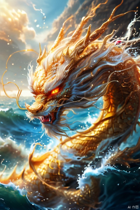 A Chinese golden dragon soars between the sea and the sky, with huge waves rolling. Its body is as swift as lightning, its scales shimmer with silver light, and its eyes sparkle like stars, revealing endless wisdom and majesty. The tail swept over the sea, causing rough waves. On the azure sea surface, it is like a beautiful painting. It possesses endless power and majesty, and the entire scene is awe inspiring, mysterious, and yearning, fantasy art, panoramic view, Ultra high saturation, (best quality, masterpiece, Representative work, official art, Professional, 8k), particles