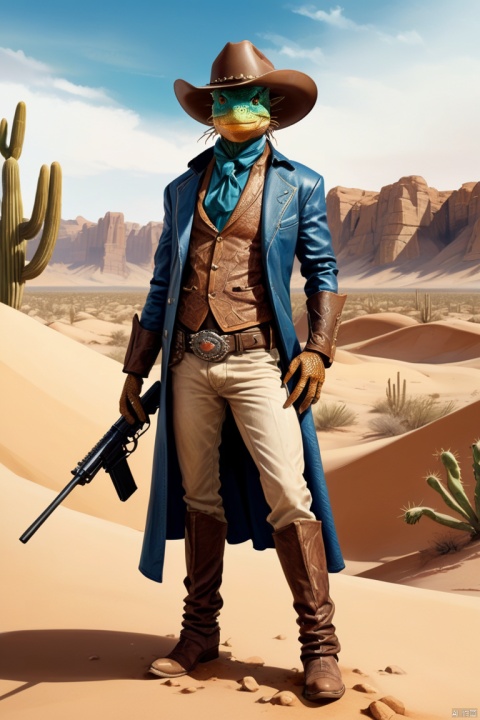 desert canyon, a lizard wearing a cowboy outfit and cowboy hat. The lizard is holding guns. The atmosphere is filled with the smell of cigarettes. The artwork is created using oil painting medium. The details are of the best quality, with ultra-detailed features and a realistic, photorealistic style. The colors are vivid and the lighting is intensified with studio lighting. The lizard is the main focus, emphasizing its intricate scales and unique features. The desert canyon is depicted with sharp focus, showcasing the rugged landscape and the texture of the rocks. The lizard's cowboy outfit is made of worn-out leather and adorned with cowboy badges and belt buckles. The guns are intricately designed with engravings and the cowboy hat has a weathered and aged appearance. The lizard's eyes convey a sense of determination and intensity. The lizard's pose is confident and ready for action. The background features a vast expanse of desert, with sandy dunes and cacti scattered in the distance. The overall tone of the artwork is warm and earthly, with a touch of golden hues inspired by the desert sunset. The final result is a masterpiece, with every detail captured with precision and finesse, enhance, intricate, (best quality, masterpiece, Representative work, official art, Professional, unity 8k wallpaper:1.3)