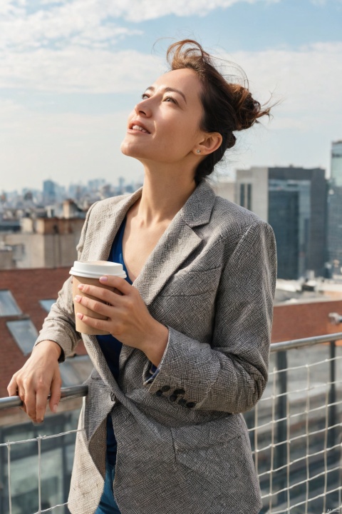 1lady standing, (leaning against wire mesh), (looking up at the sky), office worker outfit, mature female, wind, (light smile:0.7), (looking off into the distance), BREAK, (holding coffee cup in hand), (holding jacket) BREAK (rooftop of building), outdoors, railing, blue sky, rooftop facilities, cityscape, detailed background, (masterpiece, best quality, perfect composition, very aesthetic, absurdres, ultra-detailed, intricate details, Professional, official art, Representative work:1.3)