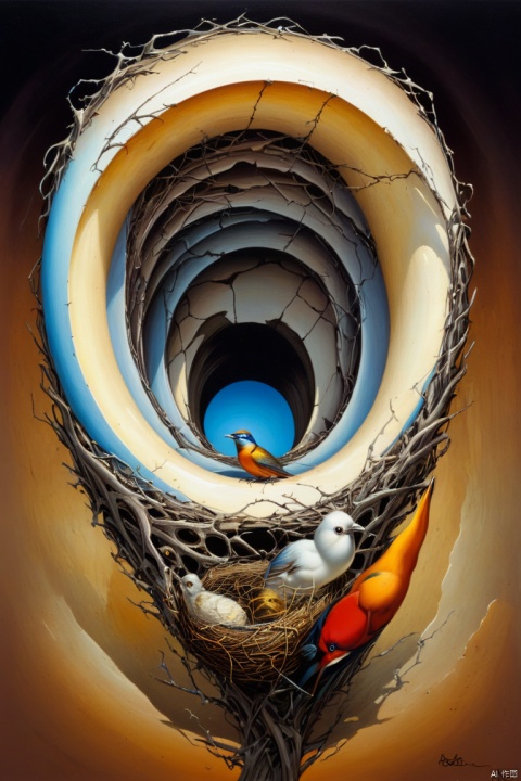 Style of Octavio Ocampo, Octavio Ocampo Metamorphic painting, bird nest, Optical illusions, full compliance with Style of Octavio Ocampo, double exposure, double content, panoramic, Ultra high saturation, bright and vivid colors, intricate, (best quality, masterpiece, Representative work, official art, Professional, 8k)