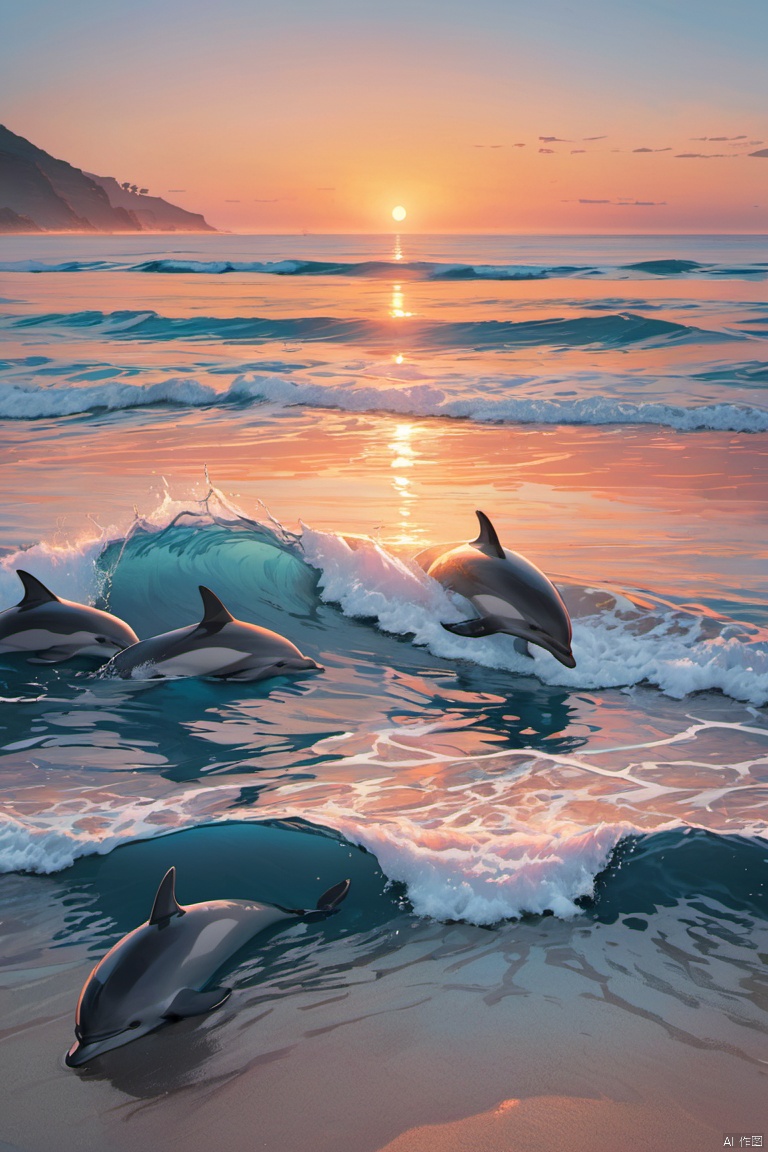 A landscape depicting a calm morning on the Blue Coast, with the sunrise light reflecting on the sea surface and a pod of dolphins actively bouncing around. The images convey new beginnings and the beauty of nature, giving the viewer a sense of hope and calm. The colors are pale blue, cream, and morning pink and orange, (masterpiece, best quality, perfect composition, very aesthetic, absurdres, ultra-detailed, intricate details, Professional, official art, Representative work:1.3)