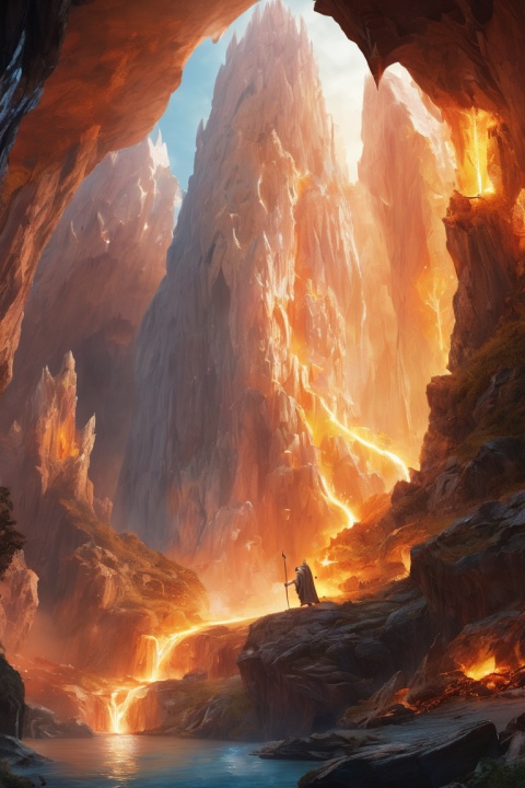 (Crystal Caves:1.2), Gandalf the White, Balrog, The Lord of the Rings, epic fantasy, detailed composition, enhance, intricate, (best quality, masterpiece, Representative work, official art, Professional, unity 8k wallpaper:1.3)