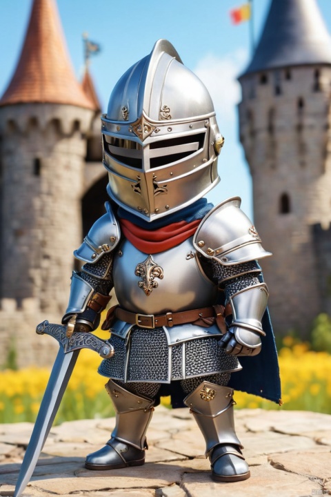chibi medieval knight, full armor, sword, combat pose, 3d render, blindbox, castle entrance background, vibrant, (masterpiece, best quality, perfect composition, very aesthetic, absurdres, ultra-detailed, intricate details, Professional, official art, Representative work:1.3)