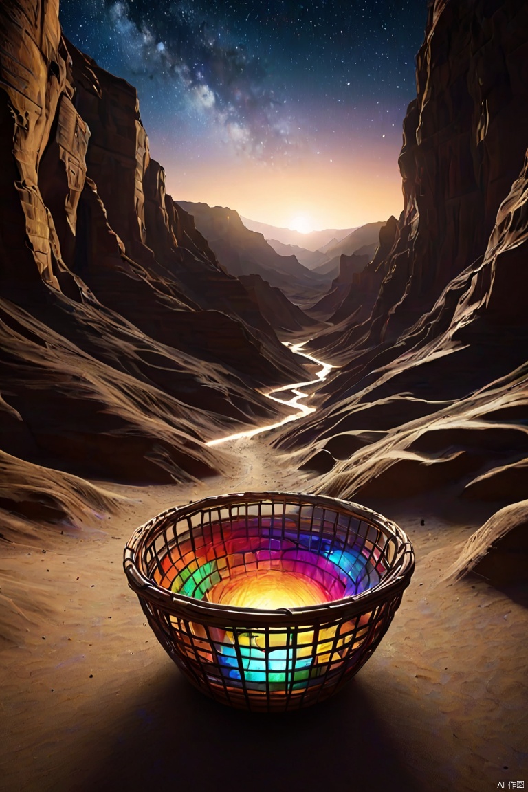 multi-layered basket_light, Wide-angle lens, Ultra-wide angle crisp ray traced rendering, Surreal in vast desert canyon under starry sky with mysterious colorful bright lights, Countless dimensions are intertwined. Huge mountains contain the mysterious sheer cliffs of the universe, narrow passage, Deep valley bottom, magnificent canyon scenery, wide-angle movie aesthetics, high-definition fantasy art, enhance, intricate, (best quality, masterpiece, Representative work, official art, Professional, unity 8k wallpaper:1.3)