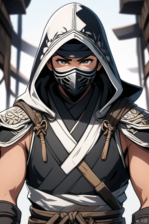 ninja, 1boy, solo, upbody, looking at viewer, gloves, male focus, black gloves, hood, armor, mask, shoulder armor, mouth mask, japanese building