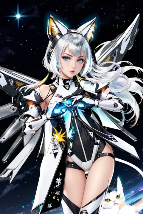 anime character, mecha girl, silver long hair, full-body pose, mechanical wings, cat ears, fingerless gloves, starry sky, by van gogh, detailed illustration, high-resolution, (panoramic, Ultra high saturation, bright and vivid colors), (best quality, masterpiece, Representative work, official art, Professional, 8k), TIANQIJI