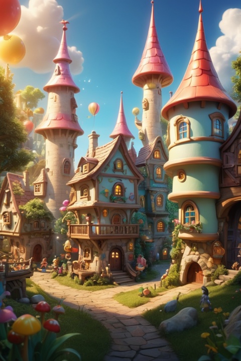 (toy theme Village:1.2), shiny, toyland, toys, sunshine bright light, Fairy Tale, toy fairy tale, dreamy, Dreamscape, whimsical, hyperrealistic, children's picture book, fantasy art, full background, enhance, intricate, (best quality, masterpiece, Representative work, official art, Professional, unity 8k wallpaper:1.3)