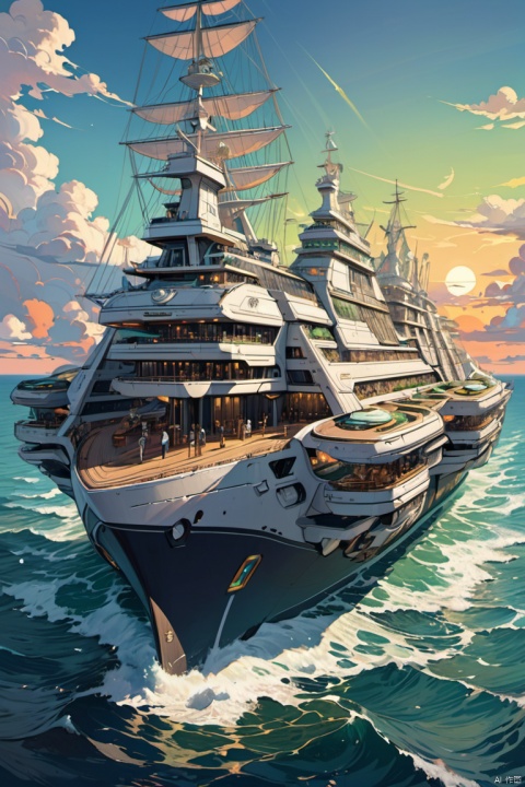 A high-tech fantastic Floating very complex ship from the future on the dark undulating waters of an unknown sea, Floating on water, a high-tech fantastic sophisticated ship is shown in detail, sailing on the sea, fantastic and beautiful view around, white clouds, green sun, high quality, high resolution, masterwork, masterpiece, clear, cartoon style, pixar, (masterpiece, best quality, perfect composition, very aesthetic, absurdres, ultra-detailed, intricate details, Professional, official art, Representative work:1.3)