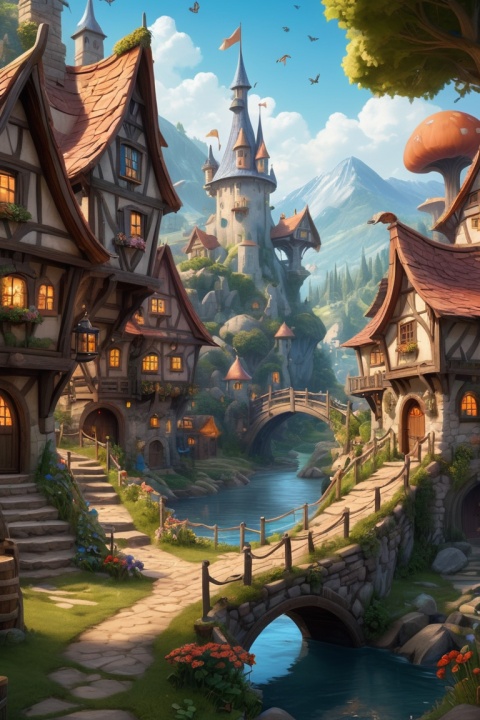 (dynamic illustration of Fairy Tale Village:1.2), (Annie O'Brien), Fairy Tale theme, enhance, intricate, (best quality, masterpiece, Representative work, official art, Professional, unity 8k wallpaper:1.3)