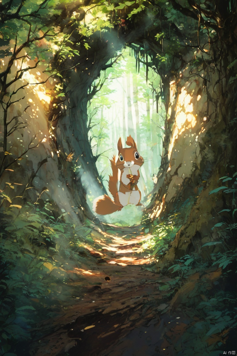 Squirrel Stick head out of a tree hole, Drill out, Anime, Soft color, studio ghibli, ghibli style, soft tone, lense flare, 90s film style, forest, hills, hue, anime, Cinematic, high detail, Fujicolor, UHD, retina, super detail, panoramic, Ultra high saturation, bright and vivid colors, intricate, (best quality, masterpiece, Representative work, official art, Professional, 8k)