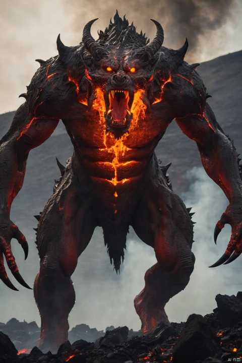 lava demon Cerberus,fiery red skin,glowing yellow eyes,giant muscular body,sharp fangs and claws,steaming lava flowing from its body,smoke billowing from its nostrils,spiky horns,demonic presence,ominous atmosphere,intense heat waves,Standing on blackened rugged volcanic landscape,cracks in the ground,fiery embers floating in the air,dark shadows dancing in the background,fierce and menacing stance,ferocious growls and snarls,burning flames engulfing its surroundings,dark red and orange color palette,harsh and dramatic lighting,emphasizing the ominous nature of the demon, (masterpiece, best quality, perfect composition, very aesthetic, absurdres, ultra-detailed, intricate details, Professional, official art, Representative work:1.3)