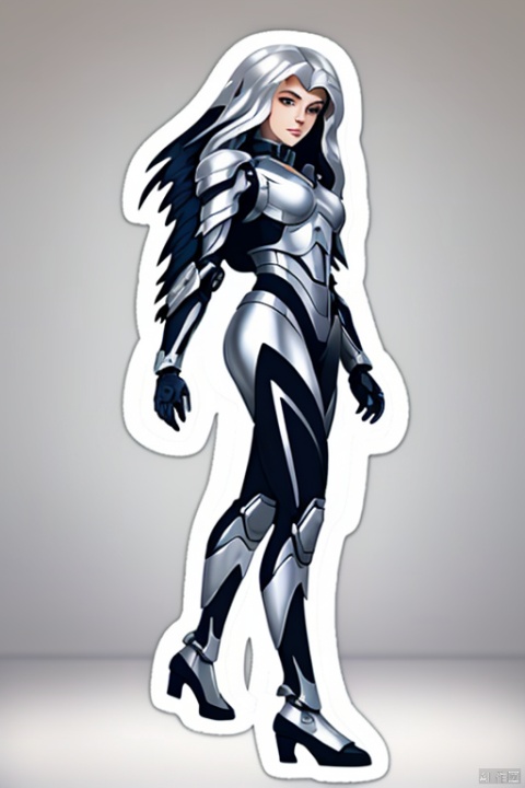 Sticker design, tiezhi, mecha girl, (silver long hair:1.4), full-body pose, mechanical wings, dynamic angle, (best quality, masterpiece, Representative work, official art, Professional, 8k:1.3)