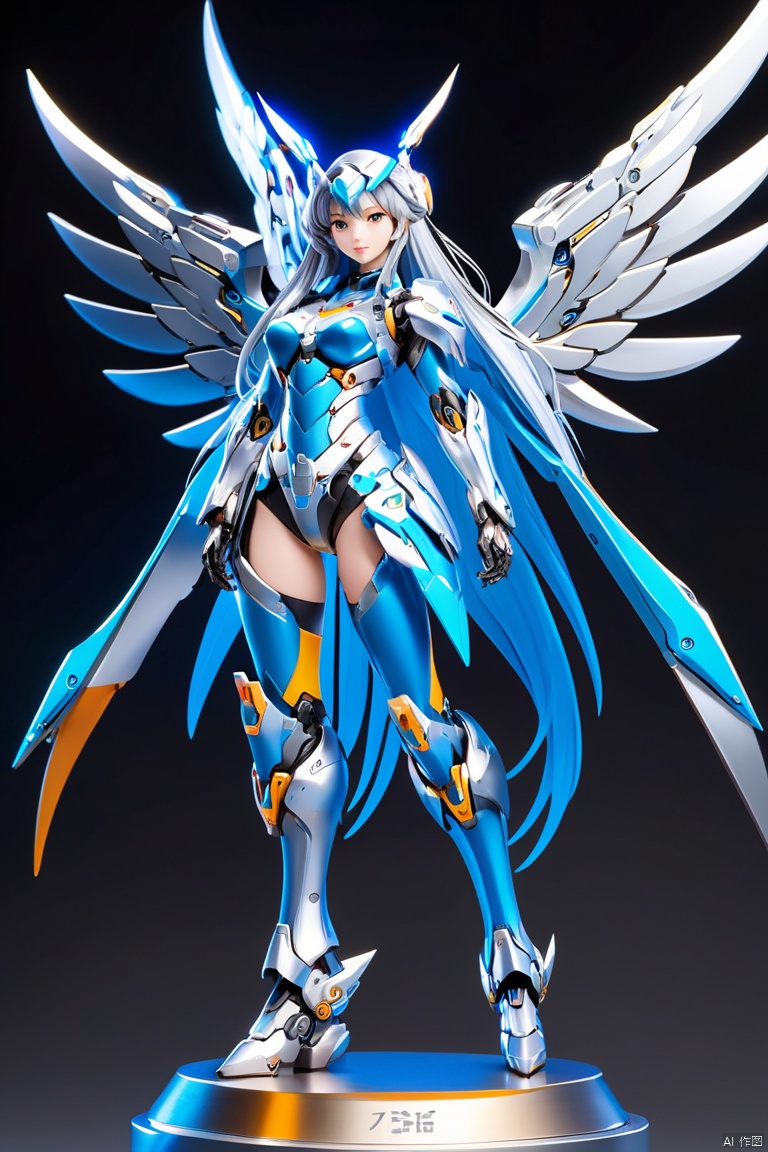 Sculpted real Figure, Installation art, Sculpted real Figure, Smooth, mecha girl, (silver long hair), full-body pose, mechanical wings, dynamic angle, (best quality, masterpiece, Representative work, official art, Professional, 8k:1.3)