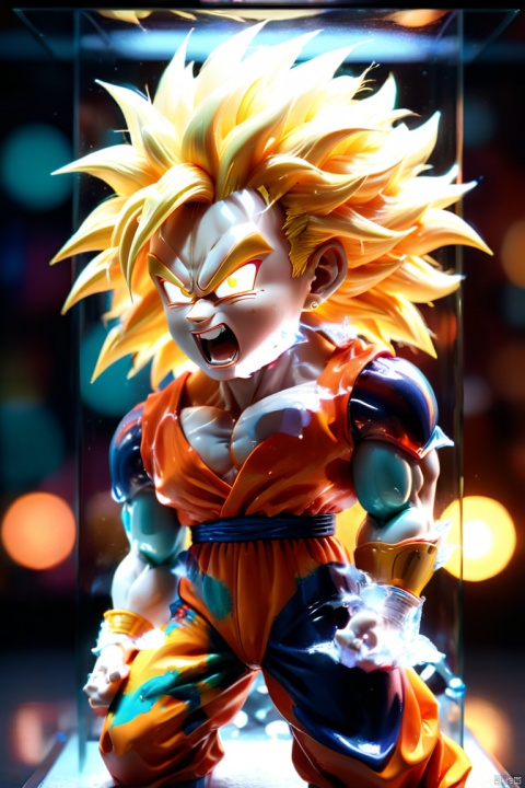 （Super Saiyan toy in glass display case）,（Detailed facial features of the highest quality）,(Bright colors and just the right lighting）,（3d rendering）,（super detailed）,（lifelike）,（studio lighting）,（Colorful background）, octane render, enhance, intricate, HDR, UHD, (best quality, masterpiece, Representative work, official art, Professional, 8k wallpaper:1.3)