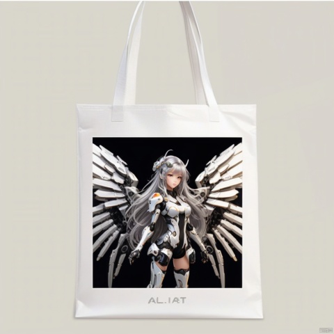 Package design, a mecha girl, (silver long hair), full-body pose, mechanical wings, dynamic angle, (best quality, masterpiece, Representative work, official art, Professional, 8k:1.3)