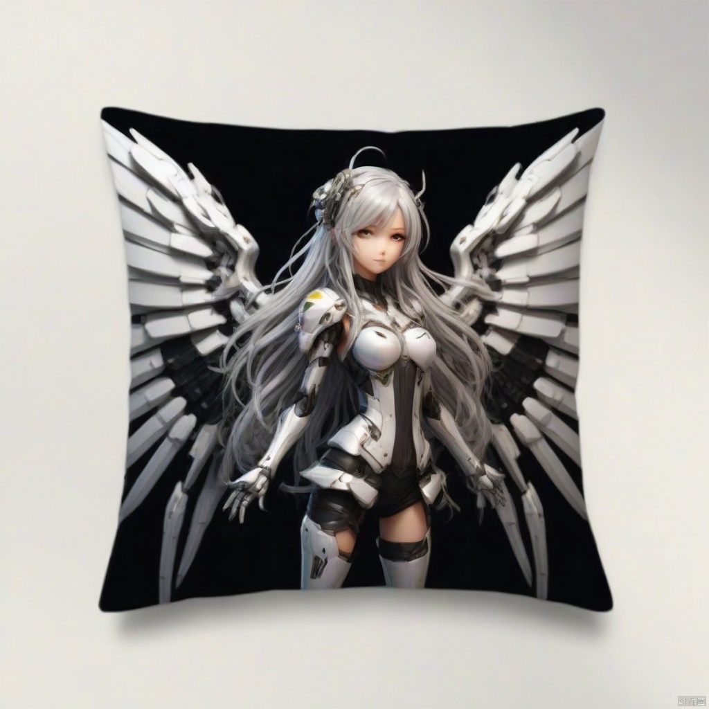 Pillow design, a mecha girl, (silver long hair), full-body pose, mechanical wings, dynamic angle, (best quality, masterpiece, Representative work, official art, Professional, 8k:1.3)