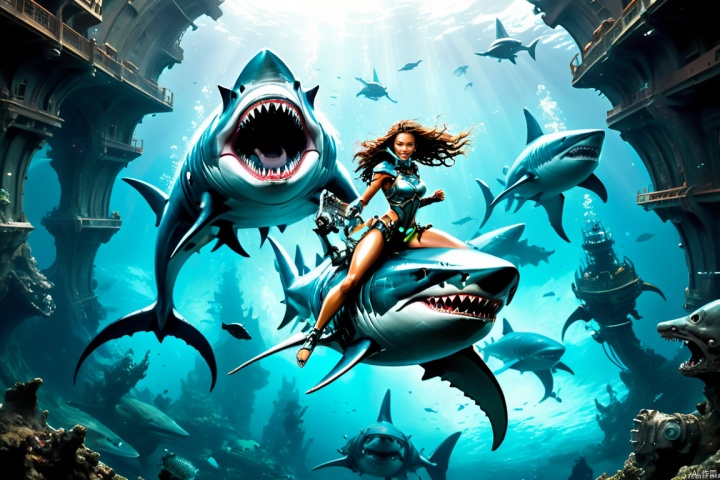  An image set in the depths of a future high-tech Atlantis, a female warrior riding a semi-mechanical Megalodon shark. The Megalodon is a blend of ancient grandeur and futuristic technology, with parts of its body showing mechanical enhancements. These mechanical parts integrate seamlessly with its natural, massive form, highlighting features like its formidable teeth and powerful build. The female warrior is depicted as strong and graceful, in advanced armor that combines traditional and futuristic styles. The background showcases the advanced underwater city of Atlantis, teeming with technological wonders, enhancing the overall theme of a harmonious blend of nature and technology, (best quality, masterpiece, Representative work, official art, Professional, 8k:1.3)