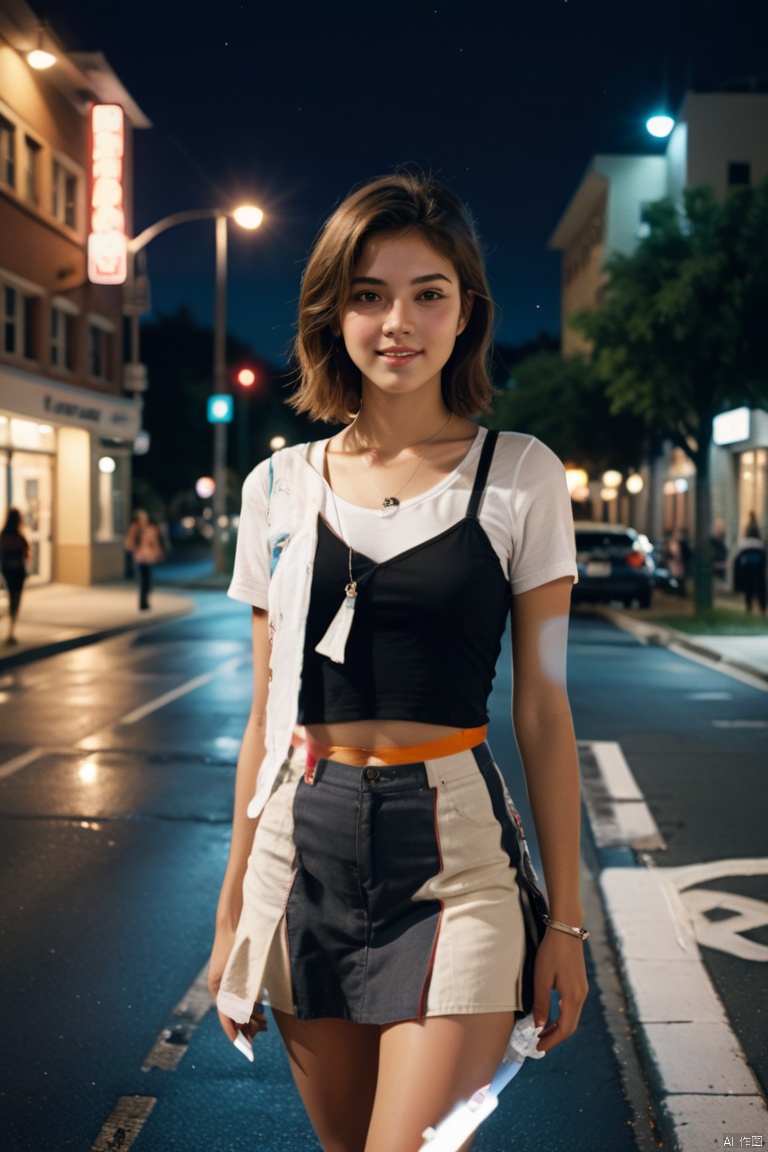 35mm photo of female college student at crossroads, by Nicolette McNamara, summer night, happy, fashionable clothing, short skirts, youth, beauty, (High detail, photograph, realistic), (best quality, masterpiece, Representative work, official art, Professional, 8k:1.3)