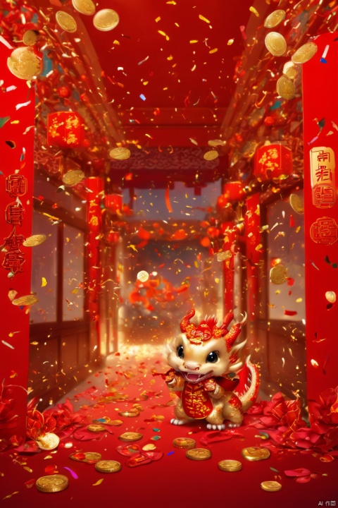 Chinese New Year, cute dragon cub, red clothes, gold coins, red envelopes, open door welcome, confetti, firecrackers, strong festive atmosphere, Chinese greeting, Chinese elements, panoramic view, Ultra high saturation, (best quality, masterpiece, Representative work, official art, Professional, 8k)