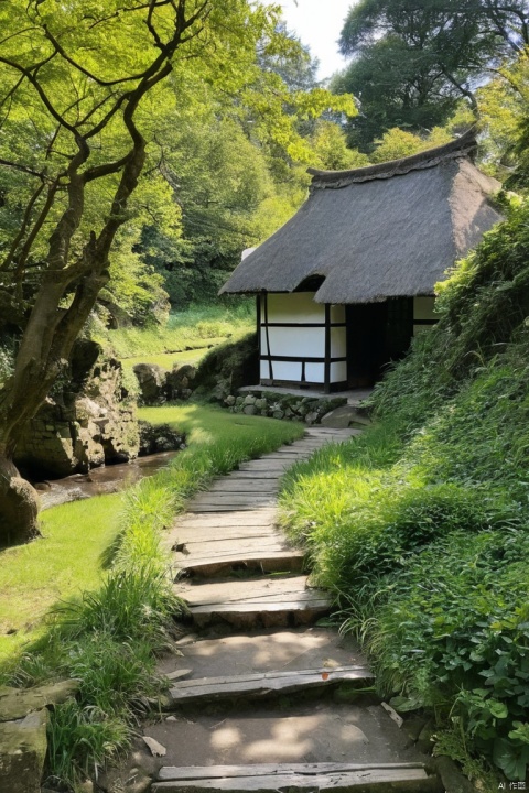 As the path winds, we reach an ancient forest where a rudimentary thatched cottage can be vaguely seen. It sits next to the former temple, appearing quaint and peaceful. As the traveler was walking along the path, turning a bend, suddenly a small bridge over a stream came into view. The murmuring stream below the bridge added a bit of unexpected surprise and beauty to the night, (masterpiece, best quality, perfect composition, very aesthetic, absurdres, ultra-detailed, intricate details, Professional, official art, Representative work:1.3)