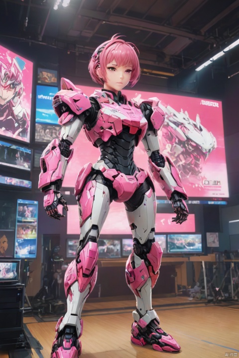 a mecha girl painted on stage screen, Pink parted short hair, pink eyes, full-body pose, (background is Rugby gymnasium), ad screen, ad tv, billboard, panoramic, Ultra high saturation, bright and vivid colors, intricate, (best quality, masterpiece, Representative work, official art, Professional, 8k)