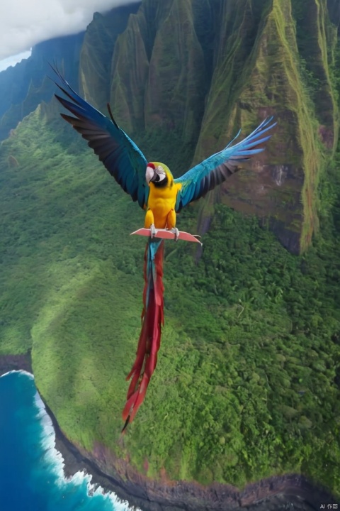 a man BASE jumping over tropical hawaii waters. His pet macaw flies alongside him, (best quality, masterpiece, Representative work, official art, Professional, Ultra intricate detailed, 8k:1.3)