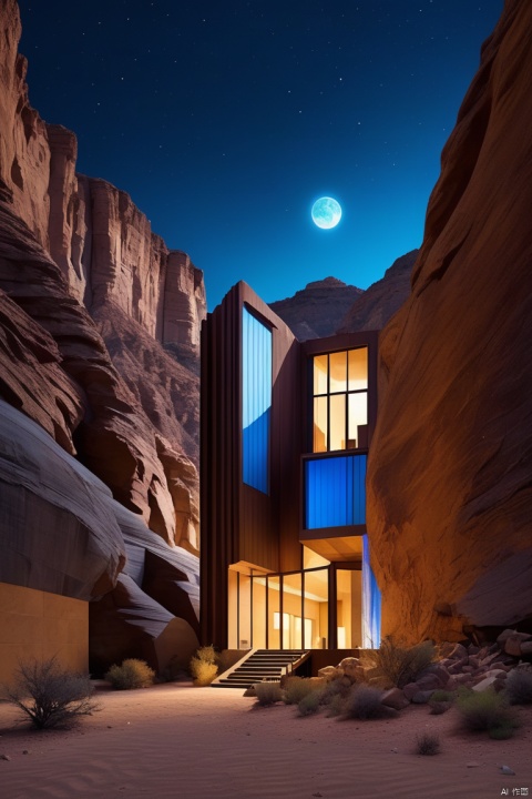 Towering precipitous towering desert canyon cliff resort wild luxury alien hotel volley design,（Asymmetric high and low canyons）,Coexist with the natural environment,desert canyon night,（aurora）,Star,Meteor passing by,moonlight,extremely detailed,Surreal,high angle,low angle,（By Tadao Ando,blue）color palette,minimalist,rustic,, enhance, intricate, (best quality, masterpiece, Representative work, official art, Professional, unity 8k wallpaper:1.3)